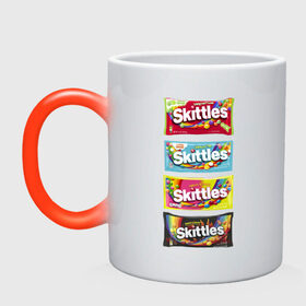 Кружка хамелеон с принтом Skittles | Разнообразие в городе Новоалтайск, керамика | меняет цвет при нагревании, емкость 330 мл | Тематика изображения на принте: 4 штуки | freeze pop | limited edition | long lost time | original | skittles | sweet heat | sweet sours | желтый | красный | ориджинл | разнообразие | синий | скитлс | черный