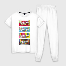Женская пижама хлопок с принтом Skittles | Разнообразие в городе Новоалтайск, 100% хлопок | брюки и футболка прямого кроя, без карманов, на брюках мягкая резинка на поясе и по низу штанин | 4 штуки | freeze pop | limited edition | long lost time | original | skittles | sweet heat | sweet sours | желтый | красный | ориджинл | разнообразие | синий | скитлс | черный