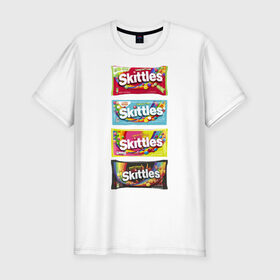 Мужская футболка хлопок Slim с принтом Skittles | Разнообразие в городе Новоалтайск, 92% хлопок, 8% лайкра | приталенный силуэт, круглый вырез ворота, длина до линии бедра, короткий рукав | 4 штуки | freeze pop | limited edition | long lost time | original | skittles | sweet heat | sweet sours | желтый | красный | ориджинл | разнообразие | синий | скитлс | черный