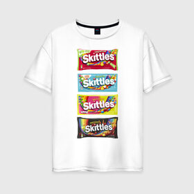 Женская футболка хлопок Oversize с принтом Skittles | Разнообразие в городе Новоалтайск, 100% хлопок | свободный крой, круглый ворот, спущенный рукав, длина до линии бедер
 | 4 штуки | freeze pop | limited edition | long lost time | original | skittles | sweet heat | sweet sours | желтый | красный | ориджинл | разнообразие | синий | скитлс | черный