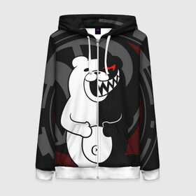 Женская толстовка 3D на молнии с принтом MONOKUMA | МОНОКУМА | DANGANRO в городе Новоалтайск, 100% полиэстер | длина до линии бедра, манжеты и пояс оформлены мягкой тканевой резинкой, двухслойный капюшон со шнурком для регулировки, спереди молния, по бокам два кармана | anime | bear | black  white | danganronpa | kurokuma | monodam | monokuma | monomi | monotaro | rabbit | school | shirokuma | аниме | главарь | мoноми | монокума | черно белый | школа