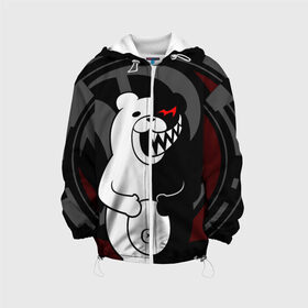 Детская куртка 3D с принтом MONOKUMA | МОНОКУМА | DANGANRO в городе Новоалтайск, 100% полиэстер | застежка — молния, подол и капюшон оформлены резинкой с фиксаторами, по бокам — два кармана без застежек, один потайной карман на груди, плотность верхнего слоя — 90 г/м2; плотность флисового подклада — 260 г/м2 | Тематика изображения на принте: anime | bear | black  white | danganronpa | kurokuma | monodam | monokuma | monomi | monotaro | rabbit | school | shirokuma | аниме | главарь | мoноми | монокума | черно белый | школа