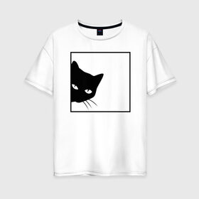 Женская футболка хлопок Oversize с принтом BLACK CAT | ЧЕРНАЯ КОШКА в городе Новоалтайск, 100% хлопок | свободный крой, круглый ворот, спущенный рукав, длина до линии бедер
 | black | cat | cats | creative | hunter | minimalism | night | кот | коте | котенок | котэ | кошка | креатив | креативная | минимализм | надпись | ночь | охотник | текст | черная | черный