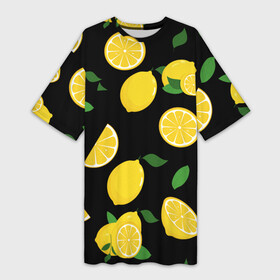 Платье-футболка 3D с принтом Лимоны на чёрном в городе Новоалтайск,  |  | citrus natural fruit | fresh | illustration | organic | pattern | texture | лето | лимон | свежесть | тропики | узор | фон | фрукты | цитрус | экзотика