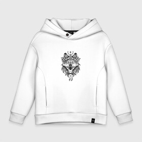 Детское худи Oversize хлопок с принтом Волк в городе Новоалтайск, френч-терри — 70% хлопок, 30% полиэстер. Мягкий теплый начес внутри —100% хлопок | боковые карманы, эластичные манжеты и нижняя кромка, капюшон на магнитной кнопке | Тематика изображения на принте: волк | волк индеец | инди | ловец снов