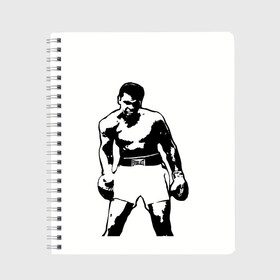 Тетрадь с принтом The Greatest (Muhammad Ali) в городе Новоалтайск, 100% бумага | 48 листов, плотность листов — 60 г/м2, плотность картонной обложки — 250 г/м2. Листы скреплены сбоку удобной пружинной спиралью. Уголки страниц и обложки скругленные. Цвет линий — светло-серый
 | ali | clay | mohammed | али | боец | боксер | величайший | возможность | искусства | касиус | клей | личность | мозайка | мотивация | мохаммед | мухамед | перчатки | сила | слова | спорт | темный | узор