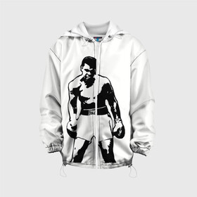 Детская куртка 3D с принтом The Greatest (Muhammad Ali) в городе Новоалтайск, 100% полиэстер | застежка — молния, подол и капюшон оформлены резинкой с фиксаторами, по бокам — два кармана без застежек, один потайной карман на груди, плотность верхнего слоя — 90 г/м2; плотность флисового подклада — 260 г/м2 | Тематика изображения на принте: ali | clay | mohammed | али | боец | боксер | величайший | возможность | искусства | касиус | клей | личность | мозайка | мотивация | мохаммед | мухамед | перчатки | сила | слова | спорт | темный | узор