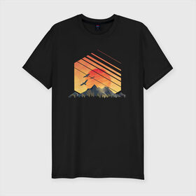 Мужская футболка хлопок Slim с принтом Mountain Galaxy Sunset в городе Новоалтайск, 92% хлопок, 8% лайкра | приталенный силуэт, круглый вырез ворота, длина до линии бедра, короткий рукав | abstract | art | geometric | geometry | landscape | minimalism | sky | space | sun | абстракция | арт | векторный рисунок | восход | галактика | геометрия | гора | горный пейзаж | горы | закат | картина | космос | минимализм | небо