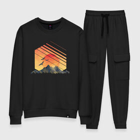 Женский костюм хлопок с принтом Mountain Galaxy Sunset в городе Новоалтайск, 100% хлопок | на свитшоте круглая горловина, мягкая резинка по низу. Брюки заужены к низу, на них два вида карманов: два 