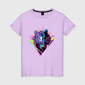 Женская футболка хлопок с принтом Retrowave Neon Tiger в городе Новоалтайск, 100% хлопок | прямой крой, круглый вырез горловины, длина до линии бедер, слегка спущенное плечо | abstract | big cat | chilled cow | hip hop | lo fi | lofi | retro | vaporwave | абстракция | арт | большая кошка | большие кошки | киса | кислотные цвета | кот | кошачьи | неон | неоновый рисунок | неоновый тигр | ретро | ретровейв