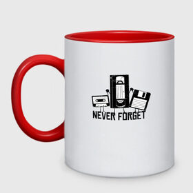 Кружка двухцветная с принтом Never Forget Эпоха VHS в городе Новоалтайск, керамика | объем — 330 мл, диаметр — 80 мм. Цветная ручка и кайма сверху, в некоторых цветах — вся внутренняя часть | 80е | 90е | boomer | disket | floppy disk | old | vintage | аудиокассета | бумер | видеокассета | видеосалоны | винтаж | восьмидесятые | вхс | девяностые | дискета | олдскулы | олды | ретро | флопик | флоппи | фл