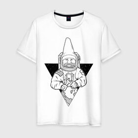 Мужская футболка хлопок с принтом Gnome Chompski Astronaut в городе Новоалтайск, 100% хлопок | прямой крой, круглый вырез горловины, длина до линии бедер, слегка спущенное плечо. | garden gnome | gnome alone | little rocket man | гном чомски | маленький космонавт | один гнома | садовый гном