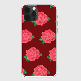 Чехол для iPhone 12 Pro Max Розы на красном: в городе Новоалтайск, Силикон | | black | botany | flowers | pattern | plant | red | rose | white | белый | ботаника | красный | растение | роза | узор | цветы | черный