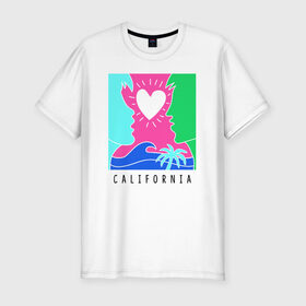 Мужская футболка хлопок Slim с принтом CALIFORNIA в городе Новоалтайск, 92% хлопок, 8% лайкра | приталенный силуэт, круглый вырез ворота, длина до линии бедра, короткий рукав | Тематика изображения на принте: california | love | закат | калифорния | любовь | пляж | поцелуй | романтика