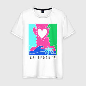 Мужская футболка хлопок с принтом CALIFORNIA в городе Новоалтайск, 100% хлопок | прямой крой, круглый вырез горловины, длина до линии бедер, слегка спущенное плечо. | Тематика изображения на принте: california | love | закат | калифорния | любовь | пляж | поцелуй | романтика