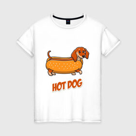 Женская футболка хлопок с принтом Hot Dog в городе Новоалтайск, 100% хлопок | прямой крой, круглый вырез горловины, длина до линии бедер, слегка спущенное плечо | dog | fast food | hot dog | булка | собака