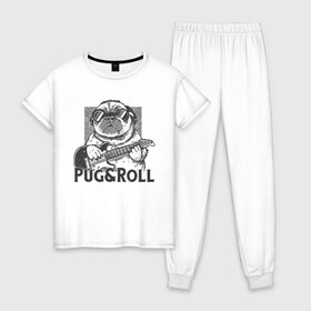 Женская пижама хлопок с принтом Pug & Roll в городе Новоалтайск, 100% хлопок | брюки и футболка прямого кроя, без карманов, на брюках мягкая резинка на поясе и по низу штанин | dog | drawing | guitar | music | pop art | pug | rock and roll | гитара | мопс | музыка | очки | пес | поп арт | рисунок | рок н ролл | собака