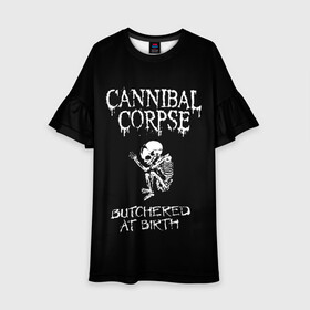 Детское платье 3D с принтом Cannibal Corpse в городе Новоалтайск, 100% полиэстер | прямой силуэт, чуть расширенный к низу. Круглая горловина, на рукавах — воланы | cannibal corpse | kreator | punk rock | slayer | sodom | анархия | блэк метал | гаражный рок | гранж | дэт метал | металл | панк рок | рок музыка | рок н ролл | рокер | треш метал | труп каннибал | тяжелый рок | хард рок