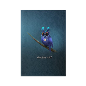 Обложка для паспорта матовая кожа с принтом Owl в городе Новоалтайск, натуральная матовая кожа | размер 19,3 х 13,7 см; прозрачные пластиковые крепления | Тематика изображения на принте: what time is it | время | синий | сова | темный фон