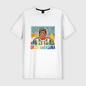 Мужская футболка хлопок Slim с принтом Diego Maradona в городе Новоалтайск, 92% хлопок, 8% лайкра | приталенный силуэт, круглый вырез ворота, длина до линии бедра, короткий рукав | Тематика изображения на принте: argentina | football | maradona | messi | аргентина | гол | диего | марадона | месси | мяч | рука бога | спорт | футбол | чемпион