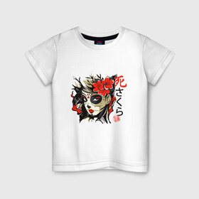 Детская футболка хлопок с принтом Asian Sugar Skull в городе Новоалтайск, 100% хлопок | круглый вырез горловины, полуприлегающий силуэт, длина до линии бедер | Тематика изображения на принте: anime | calavera | japan | japan animation | japanese | japanimation | manga | mexica | mexico | muerta | muertos | азитский череп | азия | аниме | ацтеки | день всех святых | день мертвых | иероглифы | майа | манга | мексика | муэрта | санта |