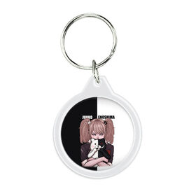 Брелок круглый с принтом MONOKUMA  JUNKO в городе Новоалтайск, пластик и полированная сталь | круглая форма, металлическое крепление в виде кольца | Тематика изображения на принте: anime | danganronpa | enoshima | junko | monokuma | аниме | джунко | игра | манга | медведь | монокума | робот медведь | эношима