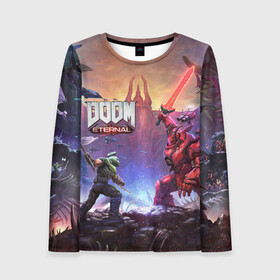 Женский лонгслив 3D с принтом Doom Eternal The Ancient Gods  в городе Новоалтайск, 100% полиэстер | длинные рукава, круглый вырез горловины, полуприлегающий силуэт | demon | dlc | doom | doom slayer | doomguy | eternal | games | the ancient gods | демон | древние боги | дум | игры | палач рока