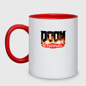 Кружка двухцветная с принтом DOOM Eternal (логотип) в городе Новоалтайск, керамика | объем — 330 мл, диаметр — 80 мм. Цветная ручка и кайма сверху, в некоторых цветах — вся внутренняя часть | Тематика изображения на принте: doom | doom eternal | дум | игра | логотип | шутер