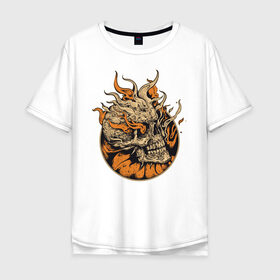 Мужская футболка хлопок Oversize с принтом Fire Skull в городе Новоалтайск, 100% хлопок | свободный крой, круглый ворот, “спинка” длиннее передней части | art | brutal | death | demon | devil | fire | horror | rock | skelet | skull | vector | арт | в | голова | демон | кости | огне | огненный | огонь | панк | рога | рок | скелет | череп | черепок