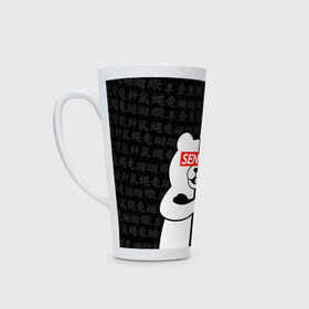 Кружка Латте с принтом MONOKUMA | МОНОКУМА в городе Новоалтайск, Белая керамика | Объем 480 мл; Высота 150 мм; Диаметр 90 мм | anime | bear | black  white | danganronpa | kurokuma | monodam | monokuma | monomi | monotaro | rabbit | school | shirokuma | аниме | главарь | мoноми | монокума | черно белый | школа