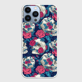 Чехол для iPhone 13 Pro Max с принтом Реалистичные черепа с розами в городе Новоалтайск,  |  | Тематика изображения на принте: flower | flowers | gothic | pattern | roses | skull | skull merch | tattoo | букет | готика | дизайн с черепами | красные розы | паттерн | принт с черепами | рисунок черепа | роза | розы | татуировка | узор | флора | цветы | череп