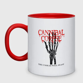 Кружка двухцветная с принтом Cannibal Corpse | Труп Каннибала (Z) в городе Новоалтайск, керамика | объем — 330 мл, диаметр — 80 мм. Цветная ручка и кайма сверху, в некоторых цветах — вся внутренняя часть | Тематика изображения на принте: cannibal | cannibal corpse | corpse | death metal | deathgrind | алекс уэбстер | брутальный дэт метал | дэт метал | дэтграйнд | пол мазуркевич | роб барретт | рука | скелет | труп каннибала