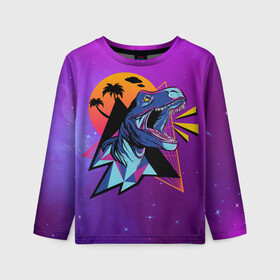 Детский лонгслив 3D с принтом Retrowave Neon Dinosaur в городе Новоалтайск, 100% полиэстер | длинные рукава, круглый вырез горловины, полуприлегающий силуэт
 | 1980 | 80s | geometry | retrowave | retrowave принт | rex | space | t rex | trex | tropical | восьмидесятые | геометрия | космос | нео | неоновый динозавр | пальмы | рекс | ретровейв | рисунок динозавра | тираннозавр | тиранозавр