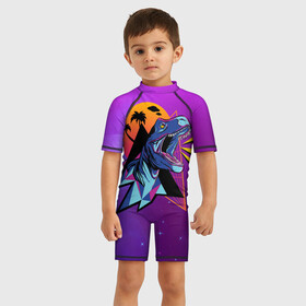 Детский купальный костюм 3D с принтом Retrowave Neon Dinosaur в городе Новоалтайск, Полиэстер 85%, Спандекс 15% | застежка на молнии на спине | Тематика изображения на принте: 1980 | 80s | geometry | retrowave | retrowave принт | rex | space | t rex | trex | tropical | восьмидесятые | геометрия | космос | нео | неоновый динозавр | пальмы | рекс | ретровейв | рисунок динозавра | тираннозавр | тиранозавр