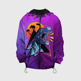 Детская куртка 3D с принтом Retrowave Neon Dinosaur в городе Новоалтайск, 100% полиэстер | застежка — молния, подол и капюшон оформлены резинкой с фиксаторами, по бокам — два кармана без застежек, один потайной карман на груди, плотность верхнего слоя — 90 г/м2; плотность флисового подклада — 260 г/м2 | 1980 | 80s | geometry | retrowave | retrowave принт | rex | space | t rex | trex | tropical | восьмидесятые | геометрия | космос | нео | неоновый динозавр | пальмы | рекс | ретровейв | рисунок динозавра | тираннозавр | тиранозавр