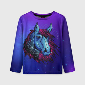 Детский лонгслив 3D с принтом Retrowave Neon Horse в городе Новоалтайск, 100% полиэстер | длинные рукава, круглый вырез горловины, полуприлегающий силуэт
 | 1980 | 80s | geometry | horses | pony | retrowave | retrowave принт | space | vaporwave | волшебная лошадь | восьмидесятые | геометрия | космос | лошадка | нео | неоновая лошадь | неоновые огни | неоновый конь | пони | ретровейв