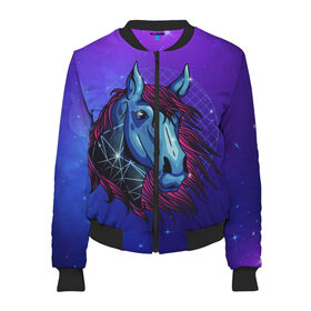 Женский бомбер 3D с принтом Retrowave Neon Horse в городе Новоалтайск, 100% полиэстер | застегивается на молнию, по бокам два кармана без застежек, мягкие манжеты, по низу бомбера и на воротнике — эластичная резинка | 1980 | 80s | geometry | horses | pony | retrowave | retrowave принт | space | vaporwave | волшебная лошадь | восьмидесятые | геометрия | космос | лошадка | нео | неоновая лошадь | неоновые огни | неоновый конь | пони | ретровейв