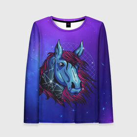 Женский лонгслив 3D с принтом Retrowave Neon Horse в городе Новоалтайск, 100% полиэстер | длинные рукава, круглый вырез горловины, полуприлегающий силуэт | 1980 | 80s | geometry | horses | pony | retrowave | retrowave принт | space | vaporwave | волшебная лошадь | восьмидесятые | геометрия | космос | лошадка | нео | неоновая лошадь | неоновые огни | неоновый конь | пони | ретровейв