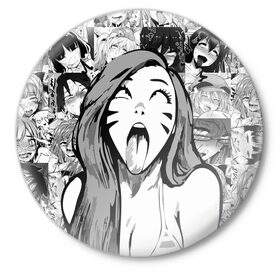 Значок с принтом Belle Delphine Ahegao в городе Новоалтайск,  металл | круглая форма, металлическая застежка в виде булавки | ahegao | anime | belle delphine | аниме | ахегао | ахэгао | бель дельфин | девушка | лицо | сенпай | язык