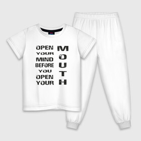 Детская пижама хлопок с принтом Open Your Mind Before You Open в городе Новоалтайск, 100% хлопок |  брюки и футболка прямого кроя, без карманов, на брюках мягкая резинка на поясе и по низу штанин
 | open your mind before you open your mouth | америка стиль | винтаж | выражение | говорить | думай головой | подумай | прикольная фраза | сначала подумай потом говори | тренд америки | черная надпись