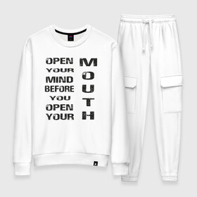 Женский костюм хлопок с принтом Open Your Mind Before You Open в городе Новоалтайск, 100% хлопок | на свитшоте круглая горловина, мягкая резинка по низу. Брюки заужены к низу, на них два вида карманов: два 