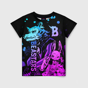 Детская футболка 3D с принтом BEASTARS Легоши и Хару в городе Новоалтайск, 100% гипоаллергенный полиэфир | прямой крой, круглый вырез горловины, длина до линии бедер, чуть спущенное плечо, ткань немного тянется | Тематика изображения на принте: anime | beastars | haru | legoshi | manga | аниме | волк | выдающиеся звери | зайка | легоси | легоши | манга | неон | хару