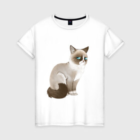 Женская футболка хлопок с принтом Grumpy Cat в городе Новоалтайск, 100% хлопок | прямой крой, круглый вырез горловины, длина до линии бедер, слегка спущенное плечо | grumpy cat | грустный кот | кот мем | мем | сердитая кошка