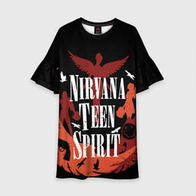 Детское платье 3D с принтом NIRVANA TEEN SPIRIT в городе Новоалтайск, 100% полиэстер | прямой силуэт, чуть расширенный к низу. Круглая горловина, на рукавах — воланы | Тематика изображения на принте: art | cobain | curt | girl | grunge | metal | music | nirvana | punk | rock | spiritm | usa | гранж | группа | кобэйн | курт | метал | музыка | нирвана | панк | рисунок | рок | сша