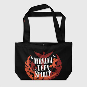 Пляжная сумка 3D с принтом NIRVANA TEEN SPIRIT в городе Новоалтайск, 100% полиэстер | застегивается на металлическую кнопку; внутренний карман застегивается на молнию. Стенки укреплены специальным мягким материалом, чтобы защитить содержимое от несильных ударов
 | art | cobain | curt | girl | grunge | metal | music | nirvana | punk | rock | spiritm | usa | гранж | группа | кобэйн | курт | метал | музыка | нирвана | панк | рисунок | рок | сша