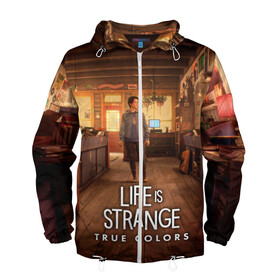 Мужская ветровка 3D с принтом Life Is Strange True Colors в городе Новоалтайск, 100% полиэстер | подол и капюшон оформлены резинкой с фиксаторами, два кармана без застежек по бокам, один потайной карман на груди | Тематика изображения на принте: art | colors | game | is | life | strange | true | арт | жизнь | игра | краска | настоящий | странная | цвет | штука