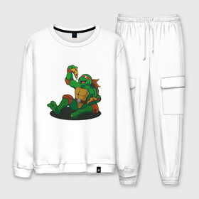 Мужской костюм хлопок с принтом Pizza - Ninja Turtles в городе Новоалтайск, 100% хлопок | на свитшоте круглая горловина, мягкая резинка по низу. Брюки заужены к низу, на них два вида карманов: два “обычных” по бокам и два объемных, с клапанами, расположенные ниже линии бедра. Брюки с мягкой трикотажной резинкой на поясе и по низу штанин. В поясе для дополнительного комфорта — широкие завязки | donatello | leonardo | michelangelo | ninja | pizza | raphael | turtles | донателло | животные | карате | комикс | комиксы | леонардо | микеланджело | мультфильм | мутант | мутанты | ниндзя | пицца | рафаэль | сплинтер | супергерой