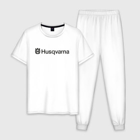 Мужская пижама хлопок с принтом Husqvarna | Мото Лого (Z) в городе Новоалтайск, 100% хлопок | брюки и футболка прямого кроя, без карманов, на брюках мягкая резинка на поясе и по низу штанин
 | bike | bikers | husqvarna | husqvarna logo | moto | motorcycle | sport | байк | байкер | мото | мотоциклы | спорт | хускварна