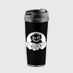 Термокружка-непроливайка с принтом CUPHEAD THE MATRIX в городе Новоалтайск, внутренняя часть — пищевой пластик, наружная часть — прозрачный пластик, между ними — полиграфическая вставка с рисунком | объем — 350 мл, герметичная крышка | art | blue | cartoon | cup | cuphead | devil | dice | game | king | matrix | mugman | red | the | арт | бос | босс | голова | демон | дьявол | игра | капхед | красный | магмен | матрица | мультик | мультфильм | платформер | синий | чаша | чашка