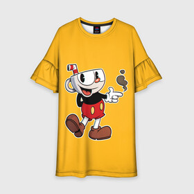 Детское платье 3D с принтом CUPHEAD КАПХЕД в городе Новоалтайск, 100% полиэстер | прямой силуэт, чуть расширенный к низу. Круглая горловина, на рукавах — воланы | art | cartoon | cup | cuphead | devil | dice | game | king | mugman | the | арт | бос | босс | голова | демон | дьявол | игра | капхед | магмен | мультик | мультфильм | платформер | чаша | чашка | человек | черт